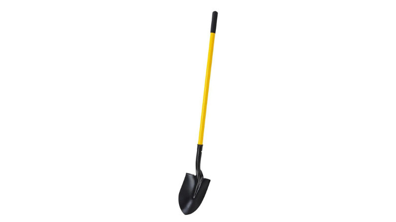 A yellow-handled, round-pointed shovel