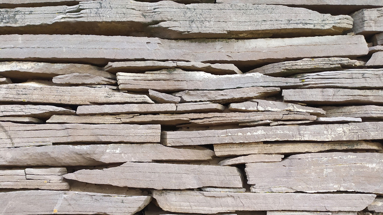 The slabs of a flagstone wall are shown in a close-up photo