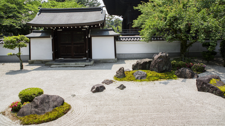 Zen garden with rocks and raked gravel