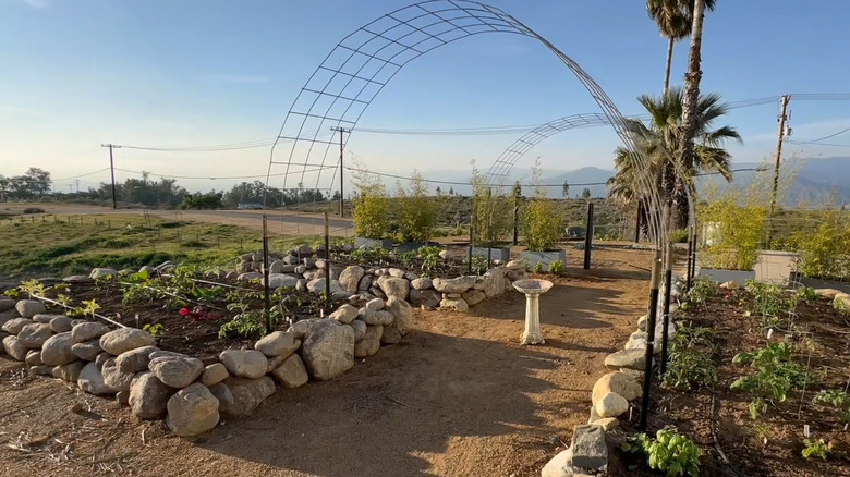 Fieldstones used to create raised garden beds