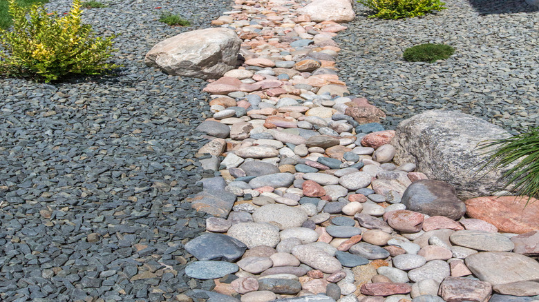 Dry creek bed on side of building