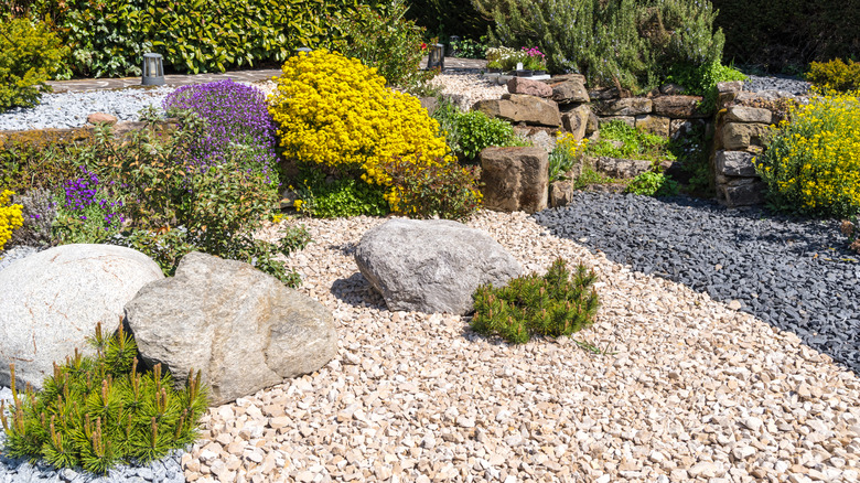 Rocks used as accents, retaining walls, and ground cover in landscaping