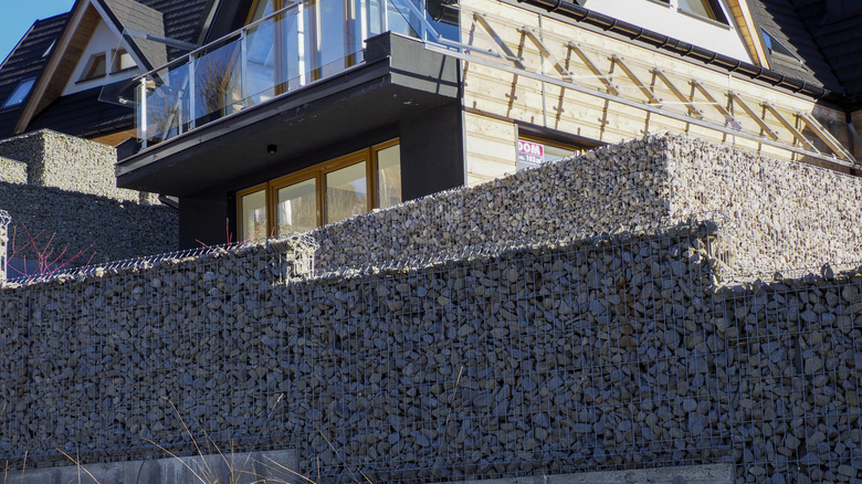 Gabion baskets used for making modern style wooden benches