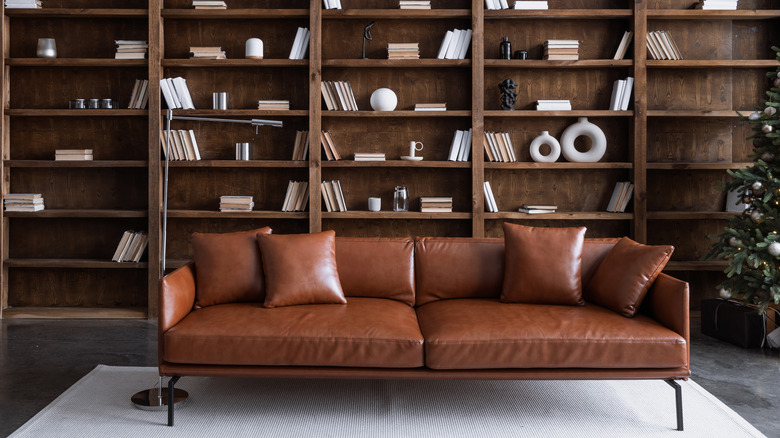 Leather couch in home library
