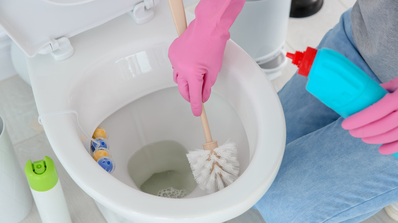 person cleaning toilet bowl 