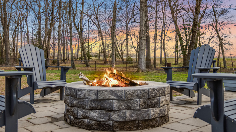 An outdoor fire pit with Adirondack chairs and tall trees in the background