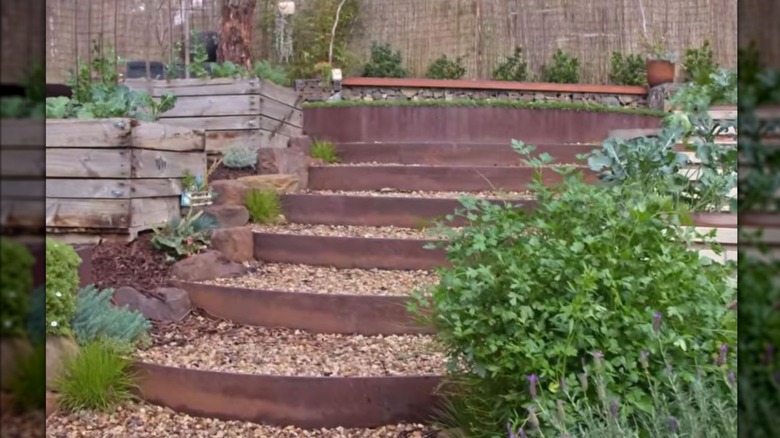 rock filled stairs in garden