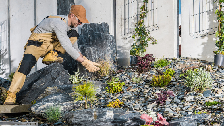 person landscaping with rocks