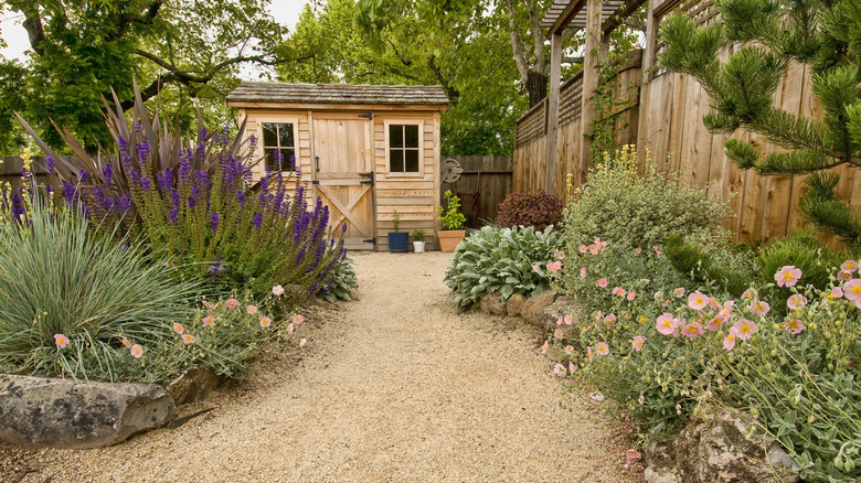 backyard with tan gravel garden path