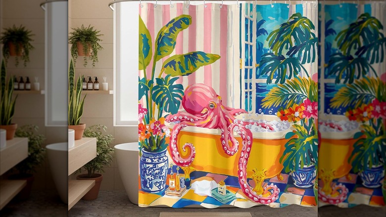 A bathroom decorated with houseplants and a brightly colored shower curtain depicting a bathing pink octopus in a yellow clawfoot tub, surrounded by large tropical plants.