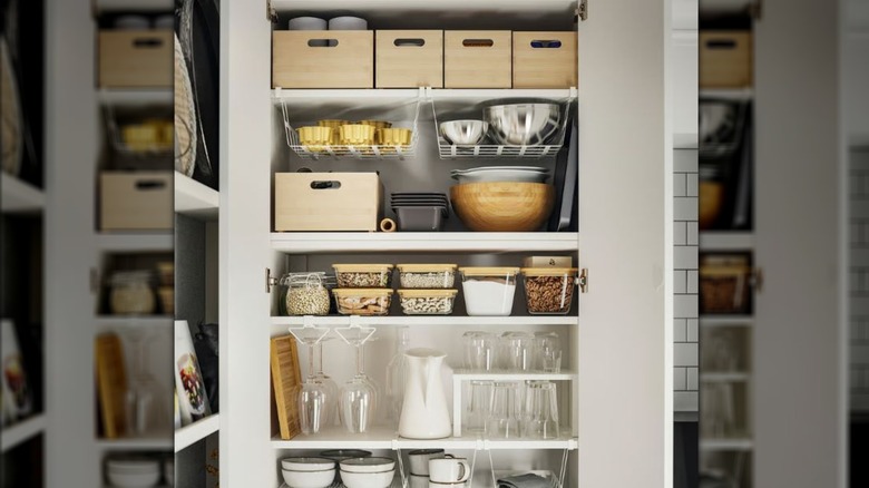 bamboo storage boxes used for organizing pantry shelves