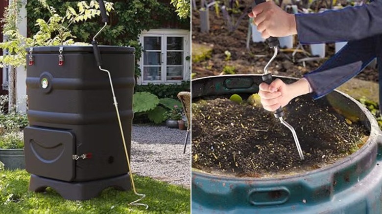 An EJWOX compost aerator tool leaning against a compost bin and someone using the tool to turn compost.