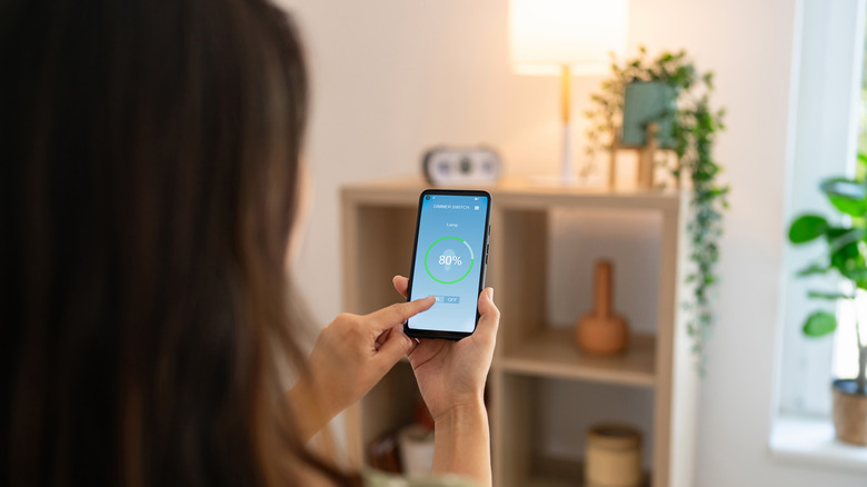 A person on their phone adjusting the lighting in the home via an app