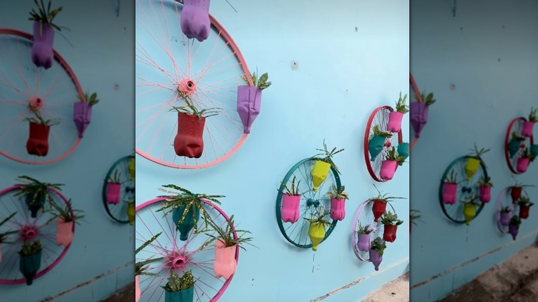 A garden feature wall made of bicycle wheels and potted plants.