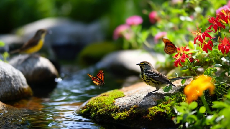 Birds and butterflies on rocks near a narrow stream of water with red, orange, and pink flowers