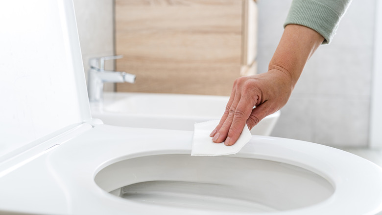 Closeup of someones hand wiping down a toilet seat.
