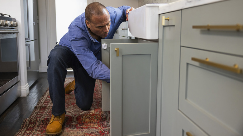 Man grabbing item inside base kitchen cabinet