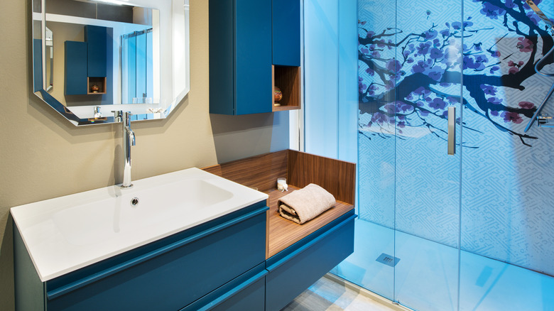 blue vanity in blue bathroom