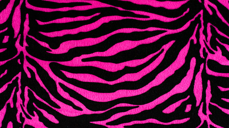 Neon pink and black zebra pattern rug up close.