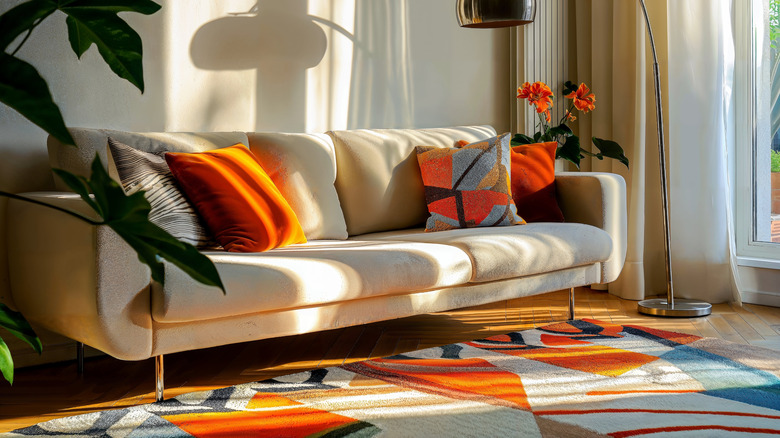living room space with brightly colored area rug and bold couch pillows on white couch