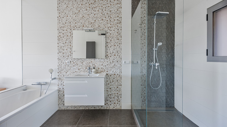 A close up on a modern floating vanity.