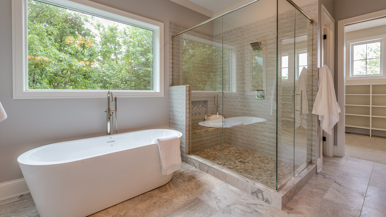 Freestanding tub in a modern bathroom.