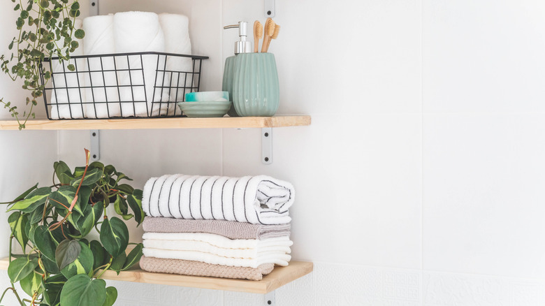 Bathroom shelves against a blue wall.