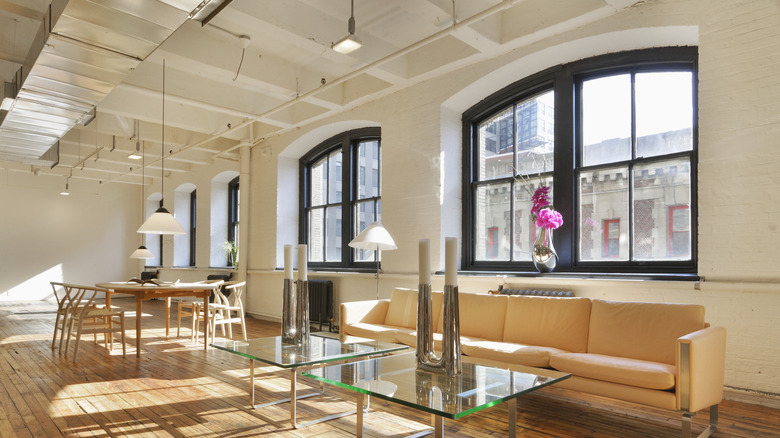 A bright industrial-style loft interior.