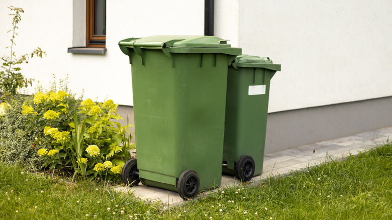 A pair of trash cans left on a path outside a house
