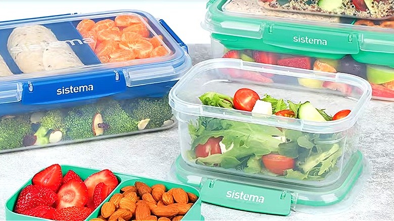 Different kinds of plastic containers filled with food sit on a counter