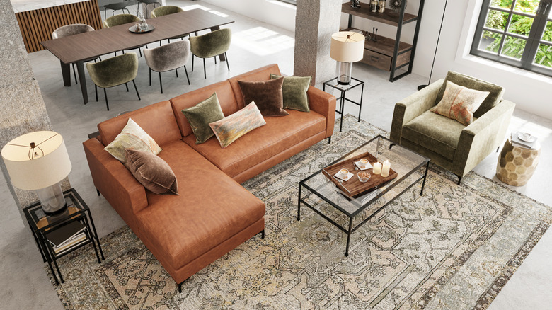 Open concept room divided with sectional and large rug