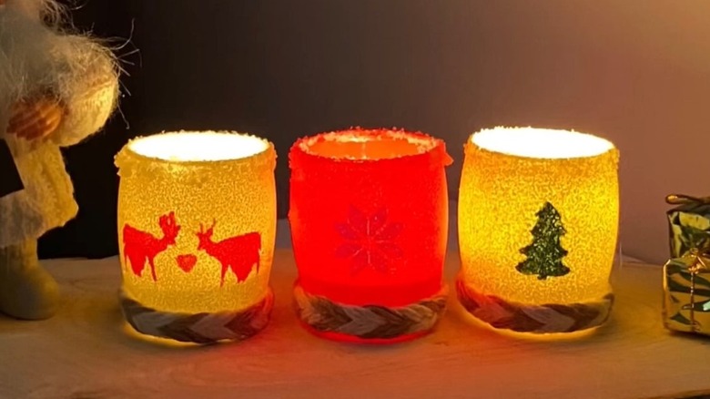 painted shot glasses used as Christmas decorations