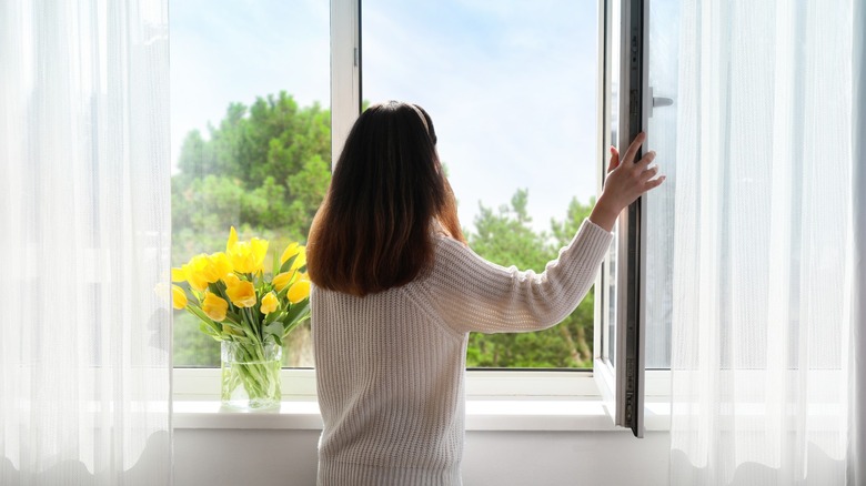 Woman opening window with yellow flowers on windowsill