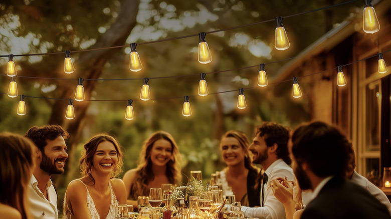People sitting outside with Edison lights strung overhead