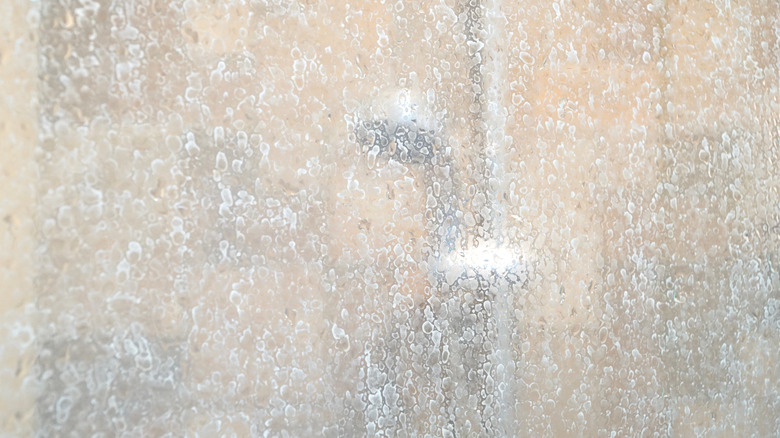 porta della doccia macchiata di acqua e sapone