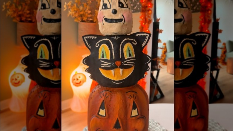 Stackable vintage décor made from Dollar Tree plastic pumpkins and papier-mâché.