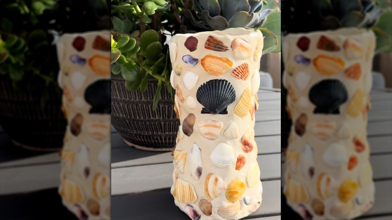beachy seashell covered DIY vase