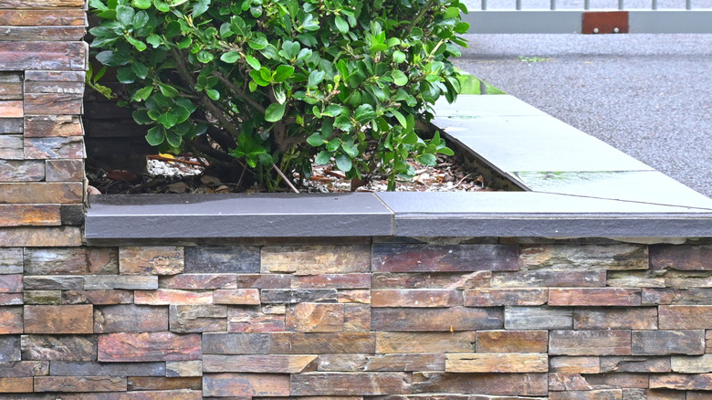 Retaining wall with slate stone cap