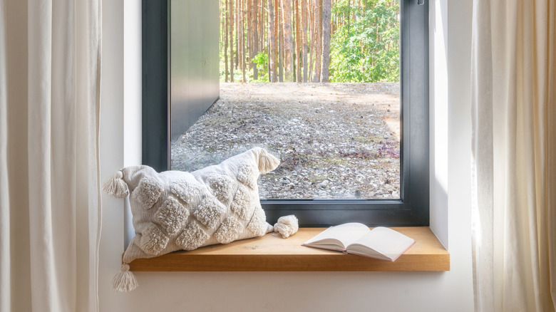 Window looking out to the forest with a window seat and pillow