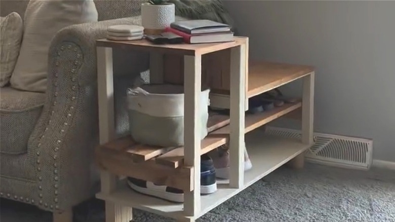 DIY multifunctional shoe rack and end table next to sofa in living room