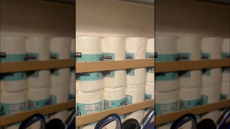 A view of DIY shelves for paper towels