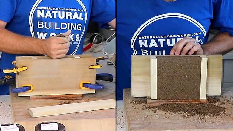 Split image of a scaled-down rammed earth formwork, and the final rammed earth mini-wall