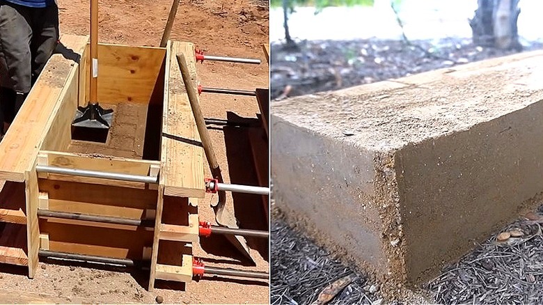 A split image of a rammed earth formwork, and a final rammed earth piece