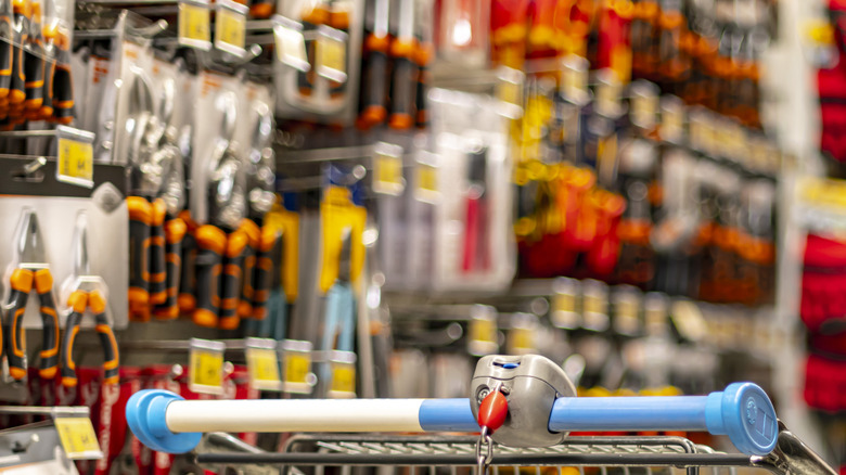 A shopping cart in a hardware store