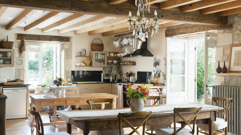 Rustic cabin style kitchen with glam features and light color palette