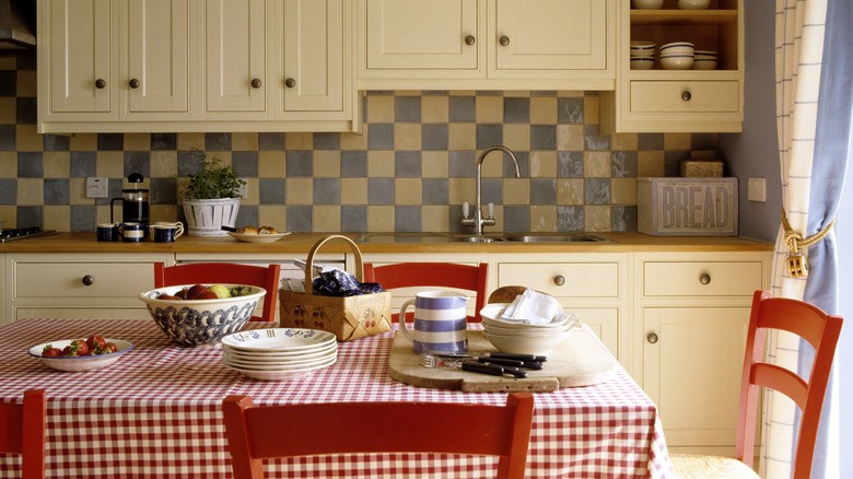 home with checkerboard wall and table cloth