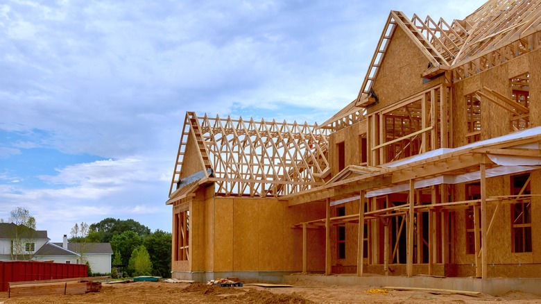 The exterior of a new home is shown during construction