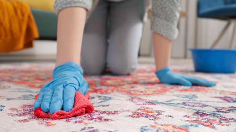 Cleaning carpet wearing gloves