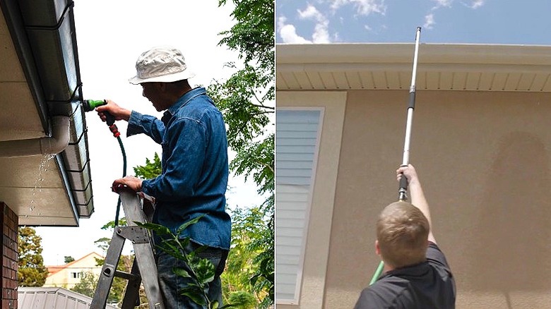 Split image of a person wearing a hat uses a garden hose to wash gutters, and the Orbit gutter-cleaning wand washing a gutter