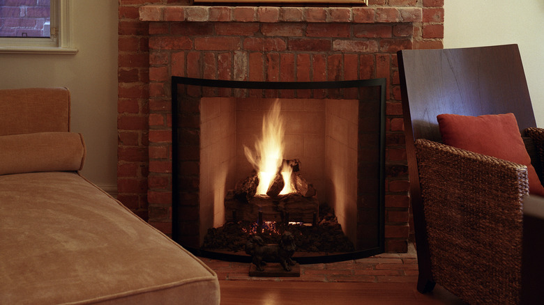 red brick fireplace